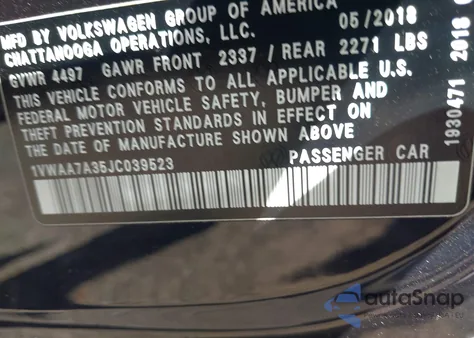 2018 Volkswagen Passat 2.0T R-Line/2.0T S from USA, damaged, VIN 1VWAA7A35JC039523